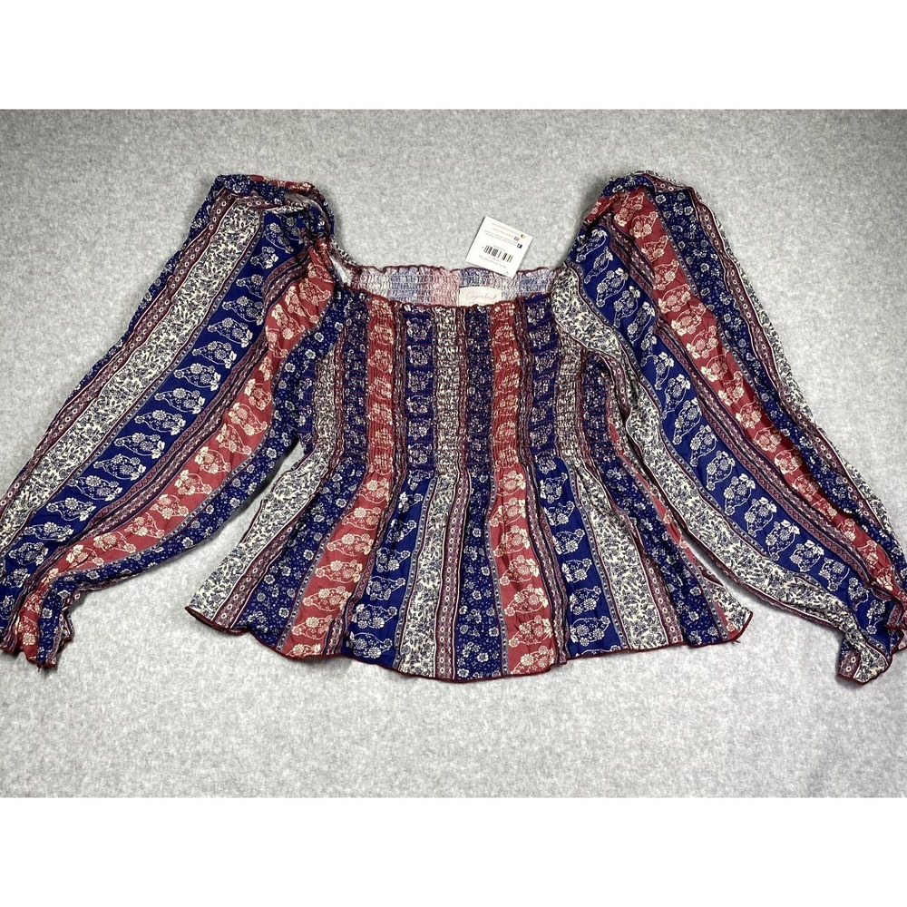 Boho Smocked Top Womens 1X Multi Color Floral Balloon Sleeve Sugarfox ST5286BX
